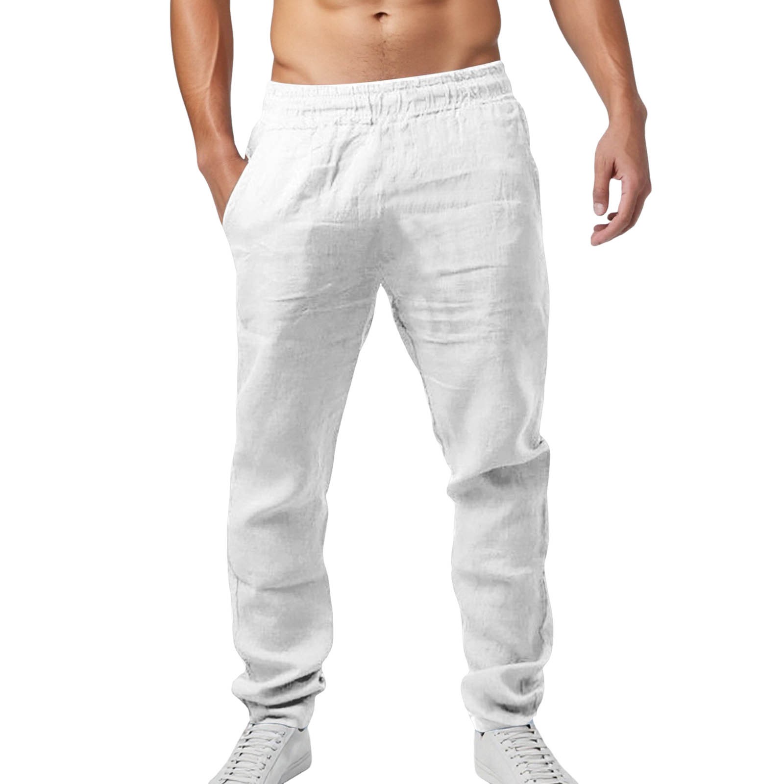 thumbnail image 1 of Pantalones de lino para hombre ligeros de verano: cintura elástica con cordón, pantalones informales de playa, poliéster, tallas S-XXXL para yoga y vacaciones, 1 of 7
